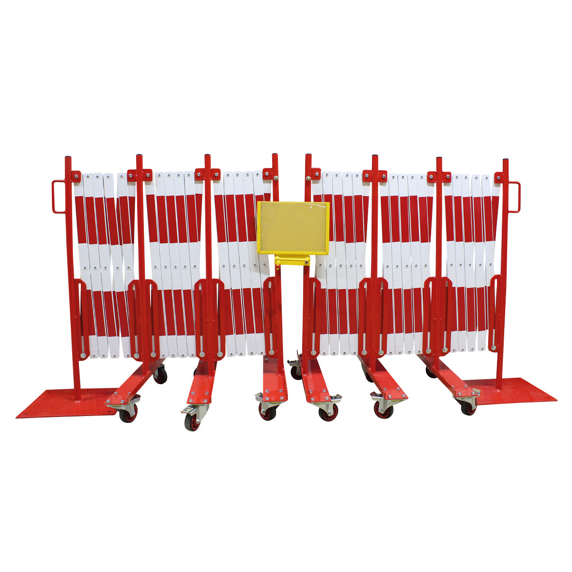 Scherensperre mit Rollen und Standfuss, Stahl, rot-weiss lackiert, Max. Breite 2 x 8.0 m. Gewicht: 128.0 kg, B/H/T: 1250 x 950 x 450 mm, zusammengeklappt