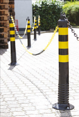 Flexipfosten-Set, schwarz mit Kette, D = 80 mm, H =  750 mm, 3 gelb reflektierender Streifen, 6 Pfosten, 10 m Kette. 8 kg