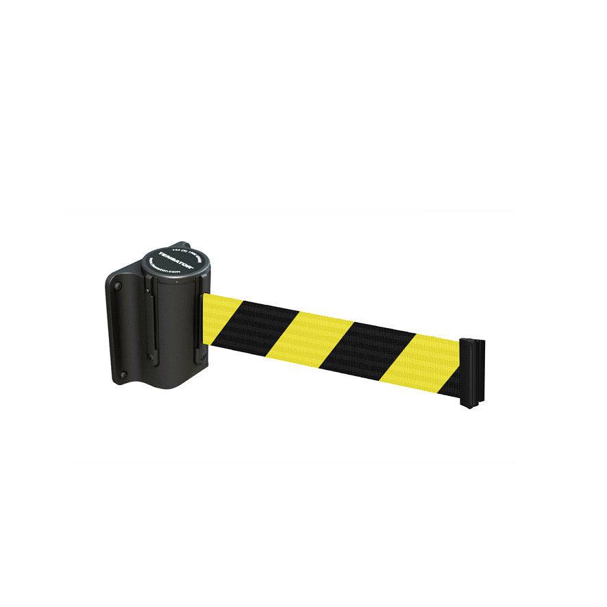 Tensabarrier Wandeinheit Kunststoffgehäuse, schwarz ABS, Gurt: 2.3 m, mit einem Wandclip, gelb-schwarz
