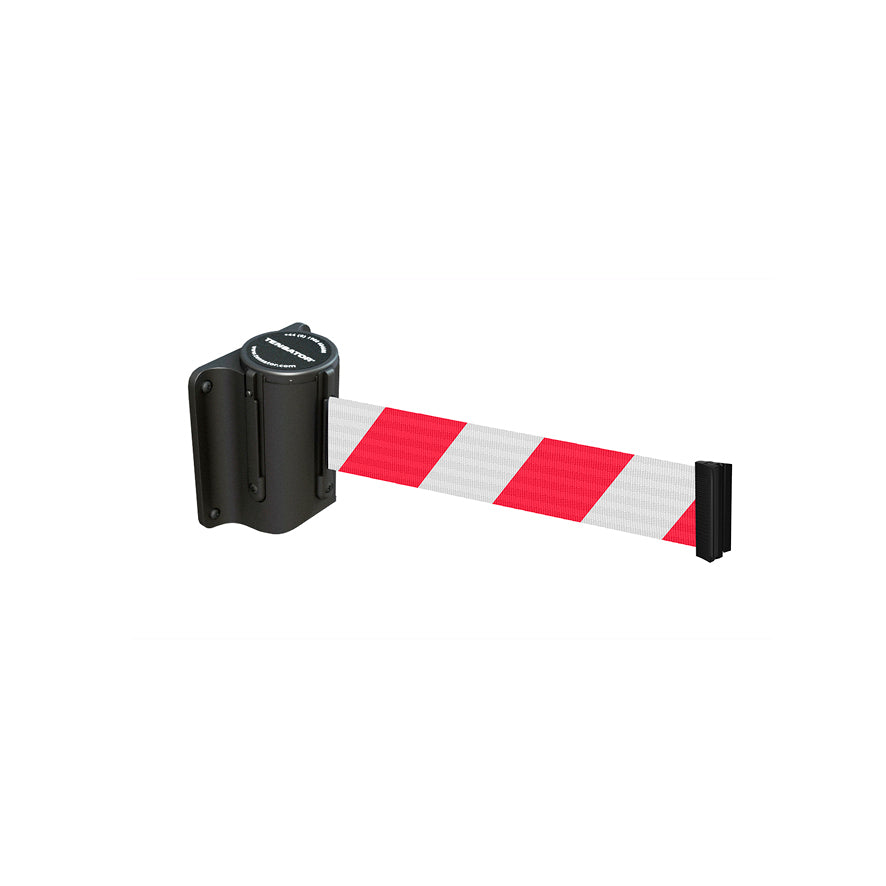 Tensabarrier Wandeinheit Kunststoffgehäuse, schwarz ABS, Gurt: 2.3 m, mit einem Wandclip, rot-weiss