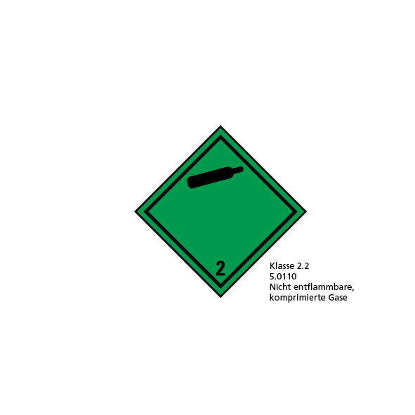 Gefahrgut Kl. 2, 5.0110, 100 x 100 mm, fluor grün, FO, Rolle = 1000 Stk., Klasse 2.2, Nicht entflammbare, komprimierte Gase