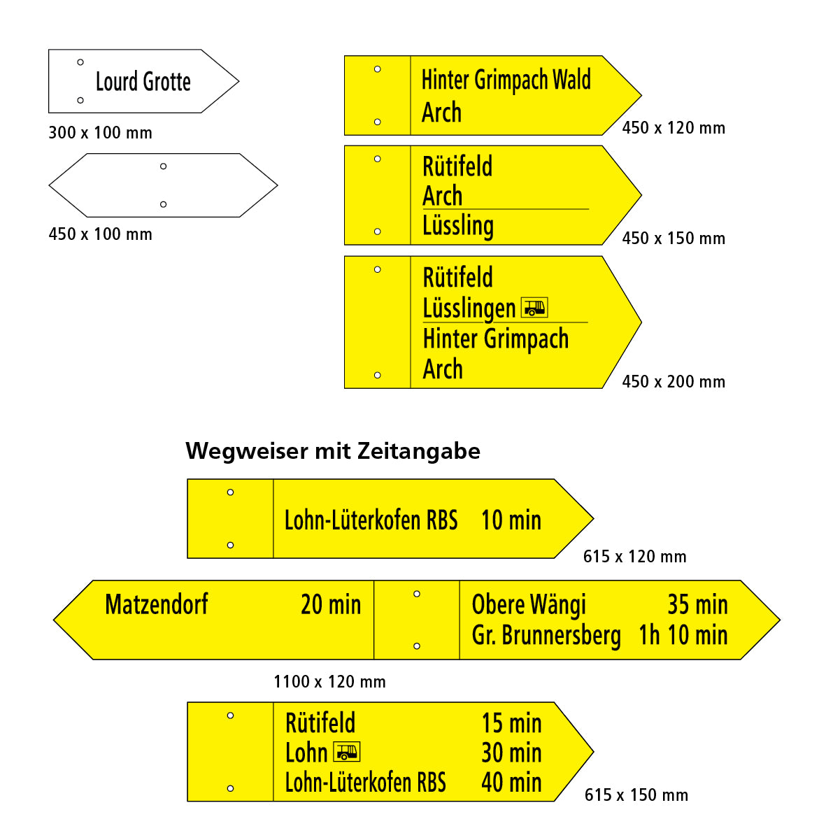 Wegweiser 800/120 mm, Text 2-seitig, hi/vo pulverbeschichtet und lackiert, Alu 5 mm, gelocht