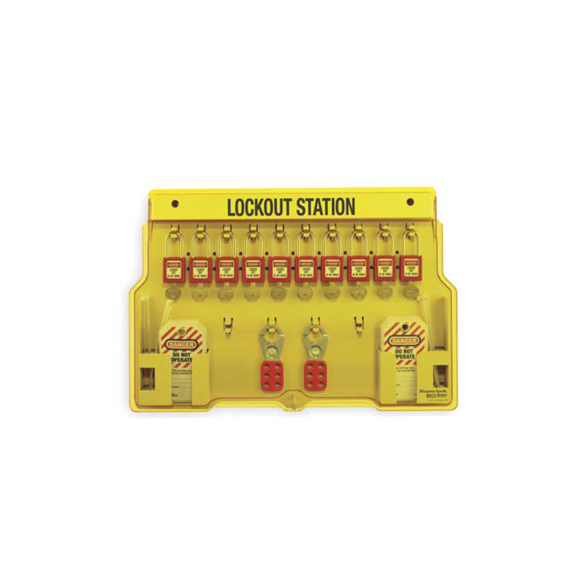 Lockout-Stationen, mit 10 roten Standart Schlössern (verschieden schliessend), 24 Sicherungsanhänger mit Kabelbinder, 2 Multischliessklammern, Masse: 558 x 393 x 44 mm