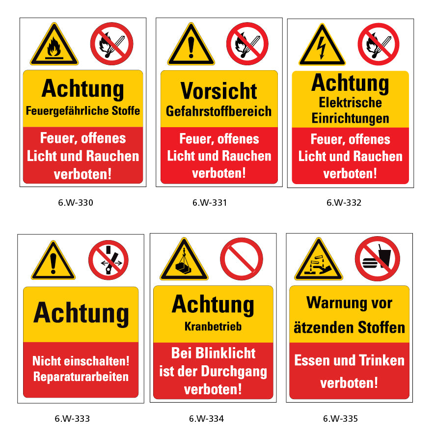 Kombischilder Sicherheitskennzeichen, 6.W-330...6.W-335, 150 x 200 mm, FO, selbstklebende Folie