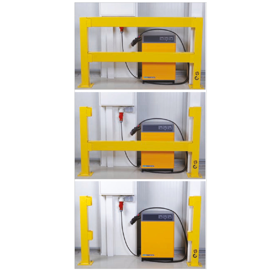 Sicherheitsgeländer, Endpfosten mit Entnahmelaschen, verzinkt, gelb pulverbeschichtet, ca. RAL 1023, H=1000 mm, 200/200 mm, 13.2 kg