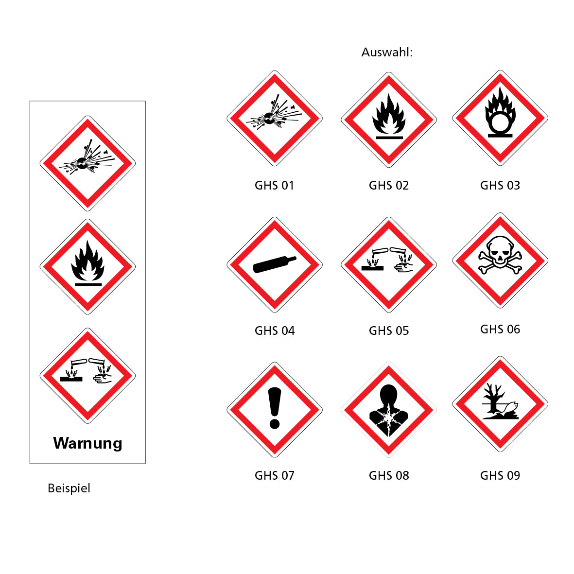 GHS-Grundetiketten, 3 GHS und Signalwort nach Wahl, 30 x 100 mm, Bo = 6 Stk., VE = Bo