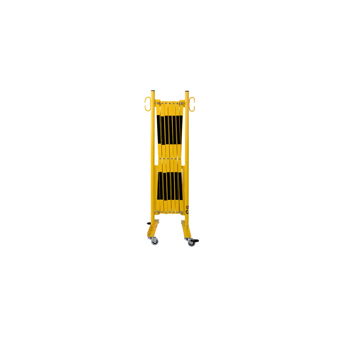 Scherensperre mit Rollen, Stahl, gelb-schwarz lackiert, Max. Breite 4.0 m. Gewicht: 17.5 kg, B/H/T: 460 x 950 x 450 mm, zusammengeklappt