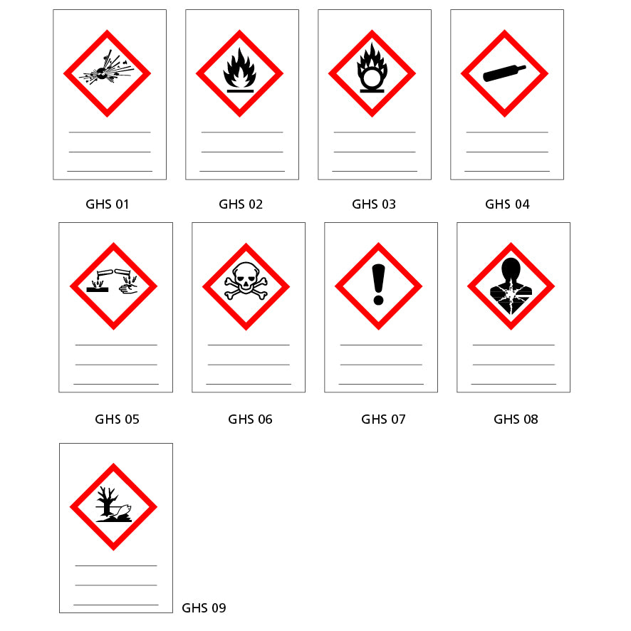 GHS zum Beschriften, 26 x 37 mm, 5.0216, GHS 01-09, FO, Folie selbstklebend, Bogen à 12 Stk.,  GHS Nr. ......