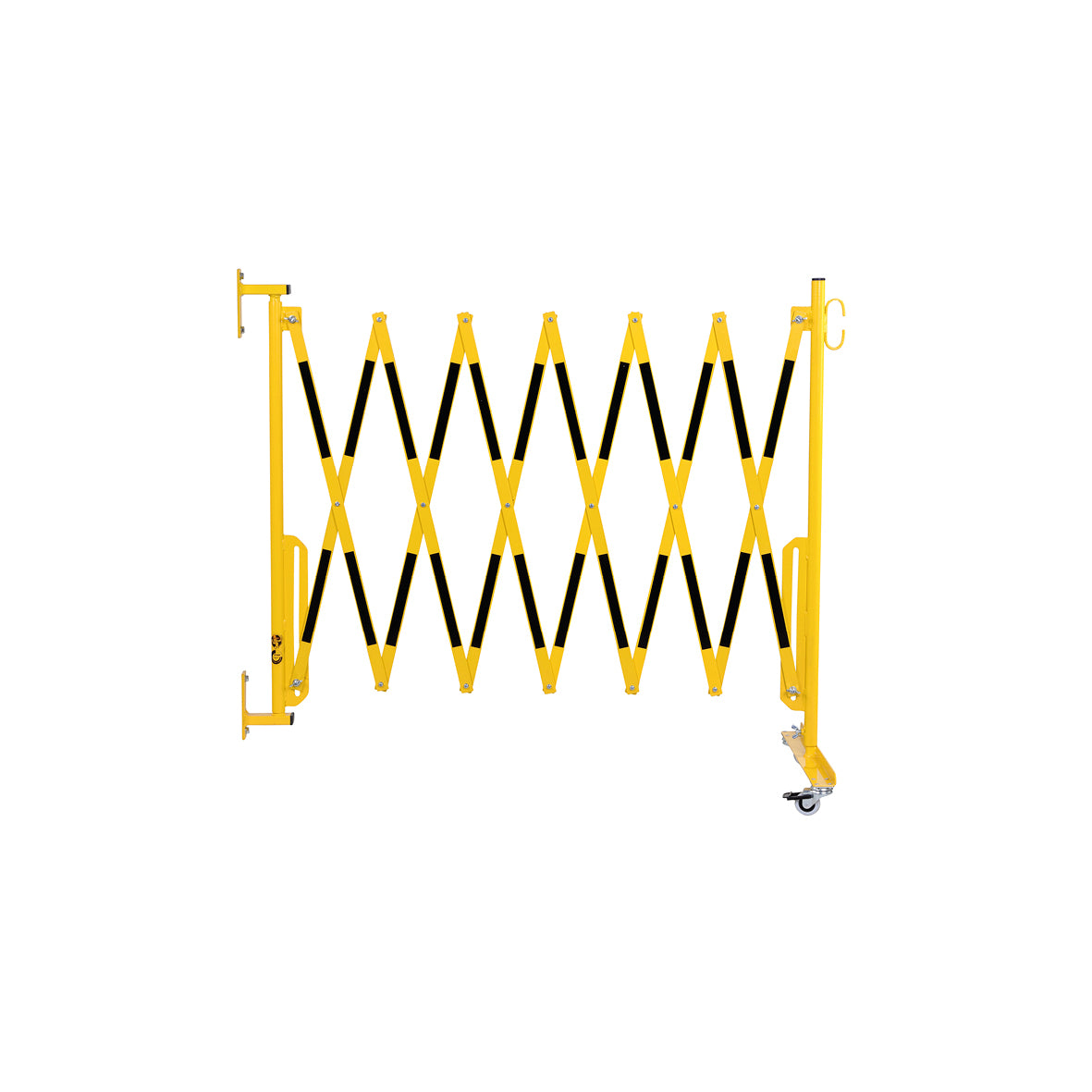 Scherensperre mit Rollen und Wandbefestigung, Stahl, gelb-schwarz lackiert, Max. Breite 3.6 m. Gewicht: 12 kg, B/H/T: 380 x 950 x 450 mm, zusammengeklappt