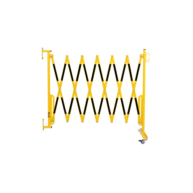 Scherensperre mit Rollen und Wandbefestigung, Stahl, gelb-schwarz lackiert, Max. Breite 4.0 m. Gewicht: 17.5 kg, B/H/T: 460 x 950 x 450 mm, zusammengeklappt