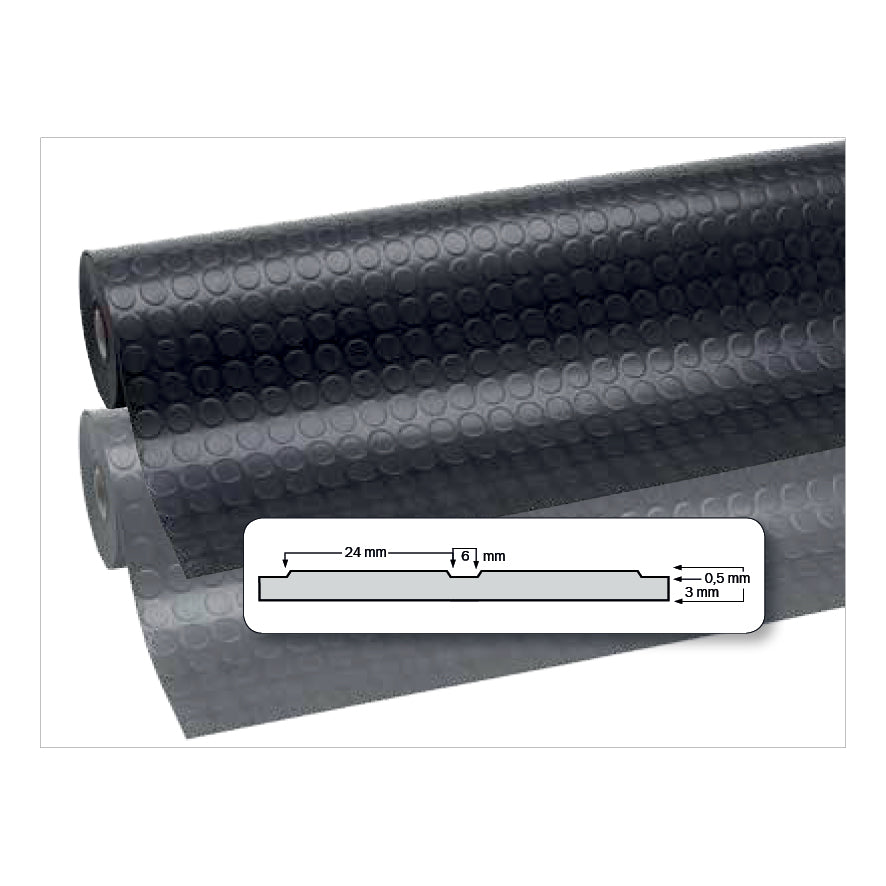Arbeitsplatzmatte Dots 'n' Roll, flexibles und widerstandfähiger Gummi, Stärke 3.3 mm, Grösse 100 cm x 10 m, Gewicht 51.8 kg, Punkte-Profil, schwarz