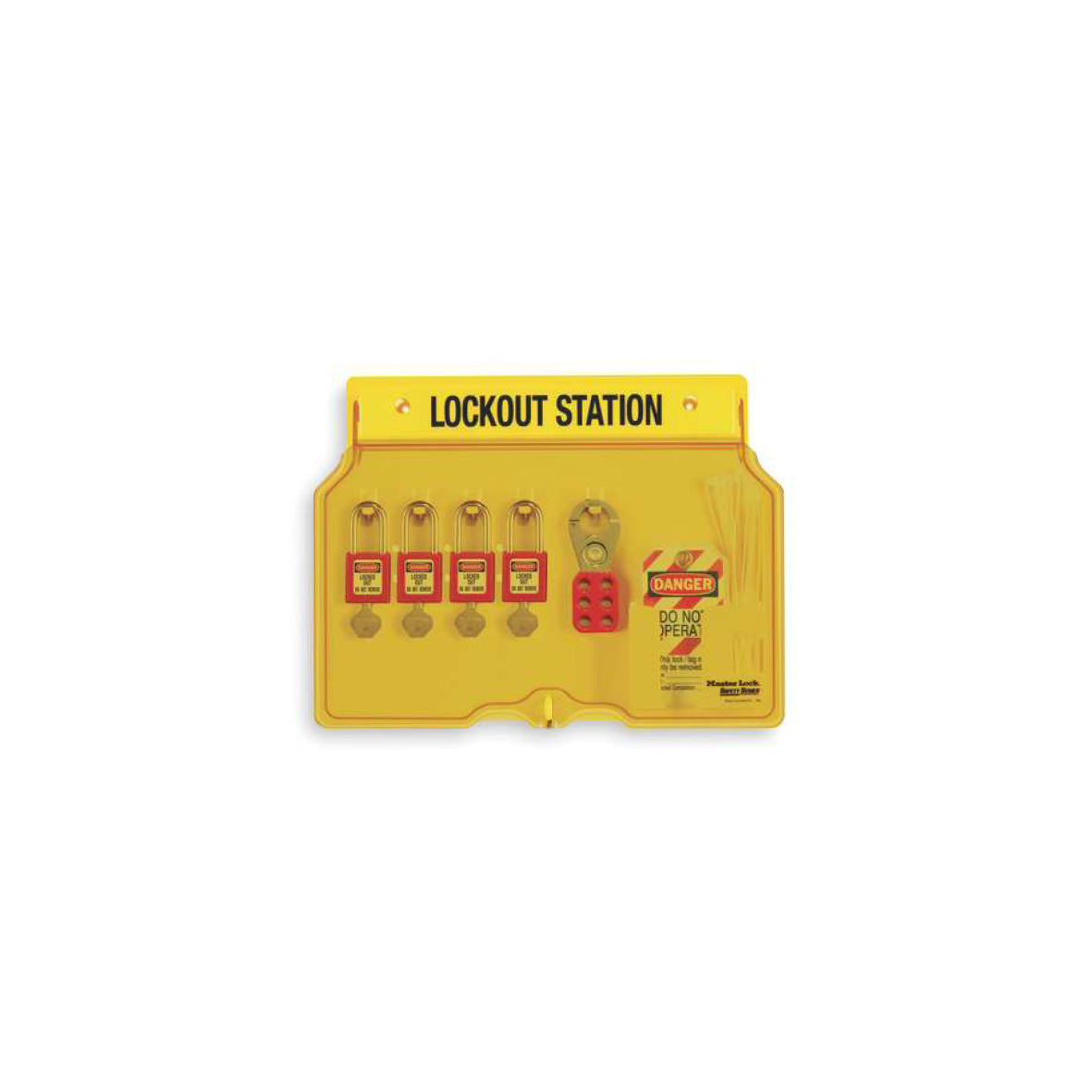 Lockout-Stationen, mit 4 roten Wartungs-Schlössern (verschieden schliessend), 12 Sicherungsanhänger mit Kabelbinder und 2 Multischliessklammern, Masse: 300 x 400 x 50 mm
